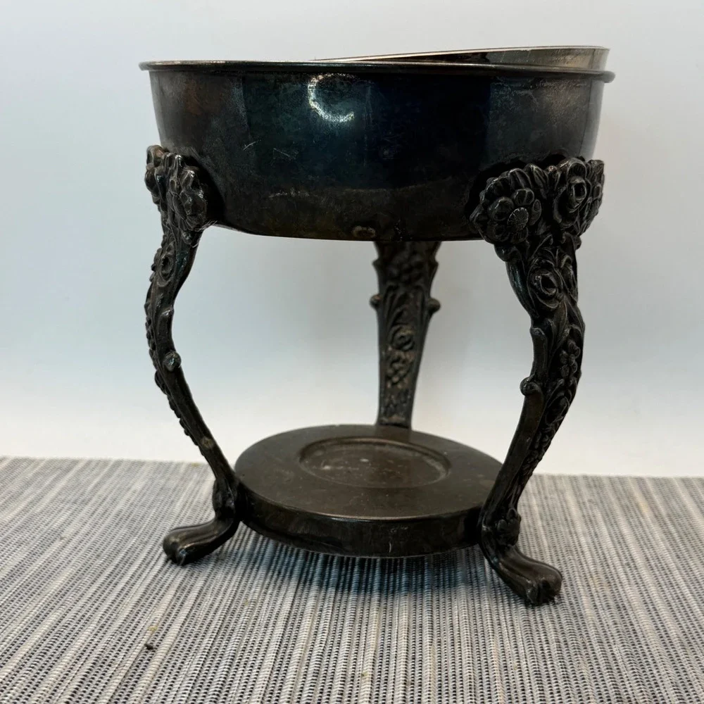 English Silver Mfg Corp Ornate Floral Silver Plate Warming Stand with Dish 6in